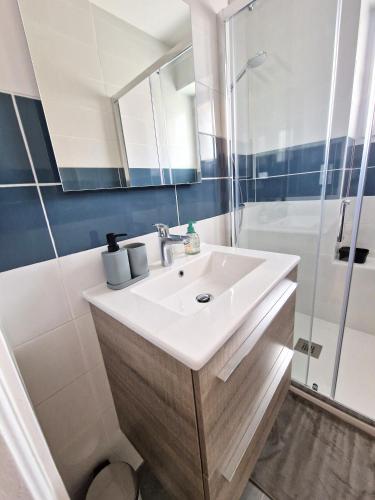 une salle de bain avec un lavabo et une douche dans l'établissement Le marsault, à Les Sables-dʼOlonne