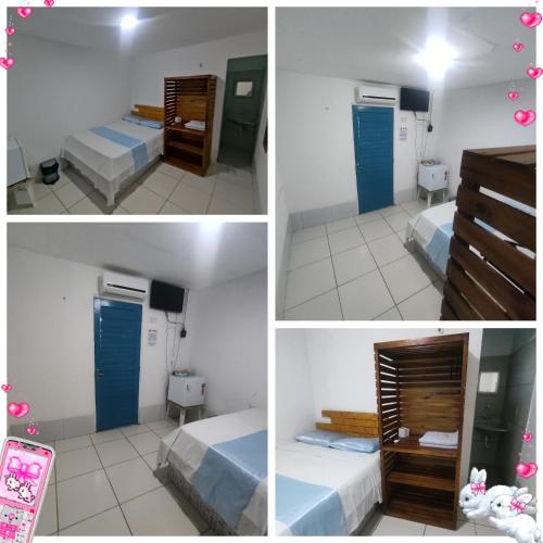 four pictures of a room with two beds and a bathroom at Hospedagens Icapui Mare Blu in Icapuí