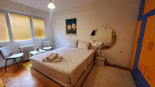 um quarto com uma cama com um lavatório e um espelho em Aleksandra 4 em Skopje