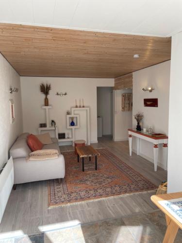 un salon avec un canapé blanc et une table dans l'établissement Appartement T2 proche mer, à La Pironnière