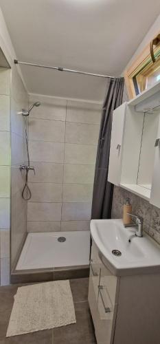 ein Bad mit einer Dusche und einem Waschbecken in der Unterkunft Réteskert vendégház és apartman in Bélapátfalva