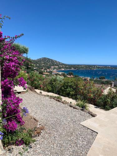 a walkway with purple flowers and a view of the water at Villa Grand Baie in Agay - Saint Raphael