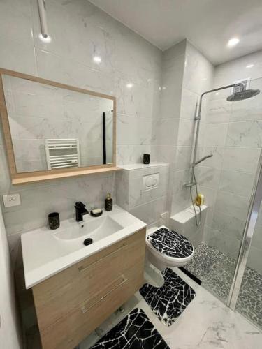 une salle de bain avec un lavabo, une douche et des toilettes dans l'établissement Joli T2 cannes / croisette, à Cannes