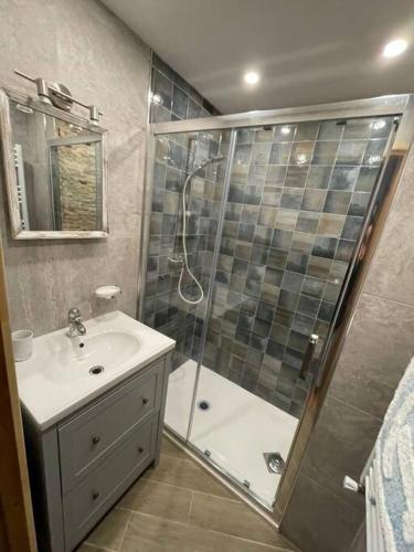 une salle de bain avec douche et lavabo dans l'établissement 3 Pièces L'EDELWEISS, à Hauteluce