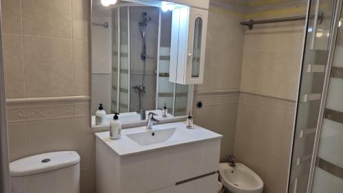 La salle de bains est pourvue d'un lavabo, de toilettes et d'un miroir. dans l'établissement Benal Beach 1 holidays sea view Benalmadena Malaga, à Benalmádena