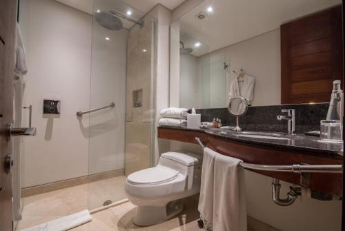 W łazience znajduje się toaleta, umywalka i prysznic. w obiekcie Bovedas de Sofitel Santa Clara w mieście Cartagena de Indias