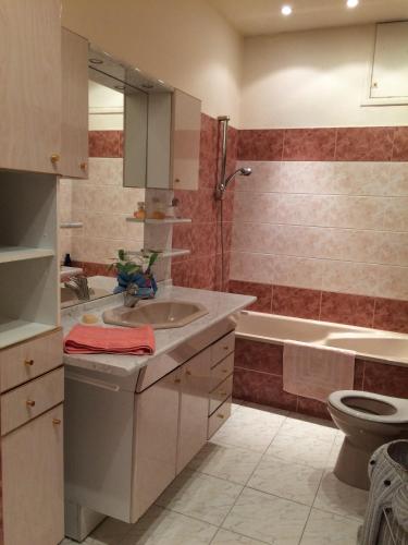 une salle de bain avec un lavabo, des toilettes et une baignoire dans l'établissement Villa La Source, à Saint-Jean