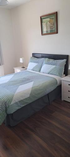 ein Schlafzimmer mit einem großen Bett mit blauen Kissen in der Unterkunft Doolin Farm Apartment in Doolin