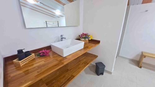 a bathroom with a white sink and a mirror at MOOREA - Fare Manoa Manava in Hauru
