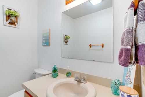 a bathroom with a sink and a mirror at McGaheysville Home with Screened Porch and Gas Grill! in McGaheysville