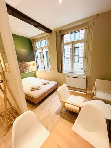 Cette petite chambre comprend un lit et deux fenêtres. dans l'établissement La Petite Rhonelle - Studio en hypercentre, à Valenciennes