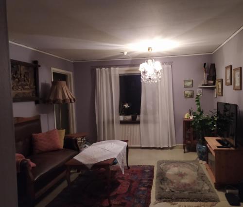 - un salon avec un canapé et un lustre dans l'établissement Trevligt hus nära skogen, à Glimåkra
