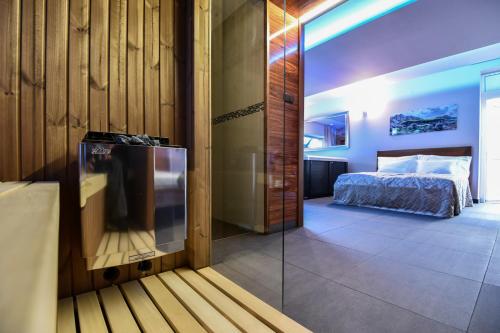 a bedroom with a bed and a glass door with a television at Penzion Janová in Ostrava