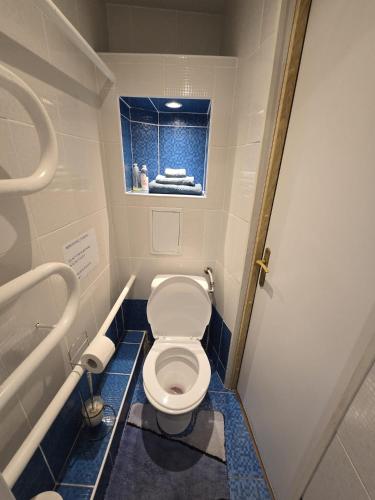 a small bathroom with a toilet and a window at R&J Apartment I in Panevėžys