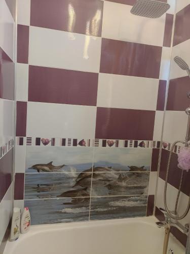 a bathroom with a bath tub with a checkered wall at La Florin in Mediaş