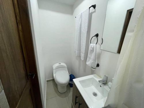 La salle de bains blanche est pourvue de toilettes et d'un lavabo. dans l'établissement Apartaloft en el centro 205, à Pereira