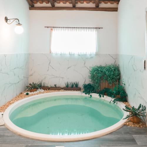 a jacuzzi tub in a room with plants at Santuário Hotel Fazenda in Santo André