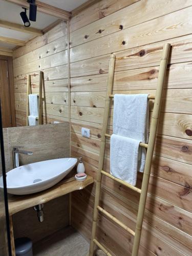 a bathroom with a sink and a wooden wall at Meris in Ulcinj
