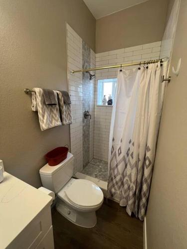 a bathroom with a toilet and a shower at Stylish and cozy 2 bed in Brighton