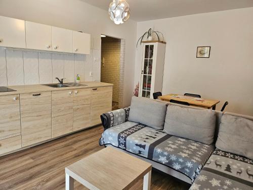 a living room with a couch and a kitchen at Apartament Góralska in Gdańsk