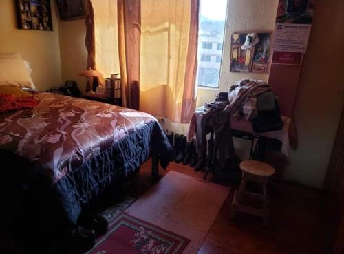 1 dormitorio con 1 cama, 1 silla y 1 ventana en Rio habitaciones en Riobamba