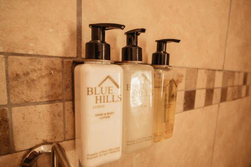 three bottles of blue hills liquid soap on a bathroom sink at Blue Hills Lodge in Midrand
