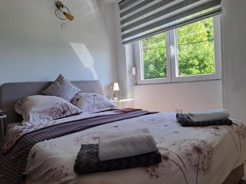 sypialnia z dużym łóżkiem i oknem w obiekcie Villa Mare w mieście Topusko