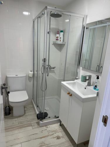 uma casa de banho com um chuveiro, um WC e um lavatório. em La Marinada em Cambrils