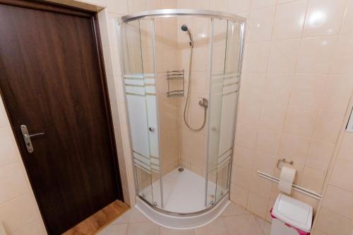 a shower with a glass door in a bathroom at Cabana ZIP in Zărneşti