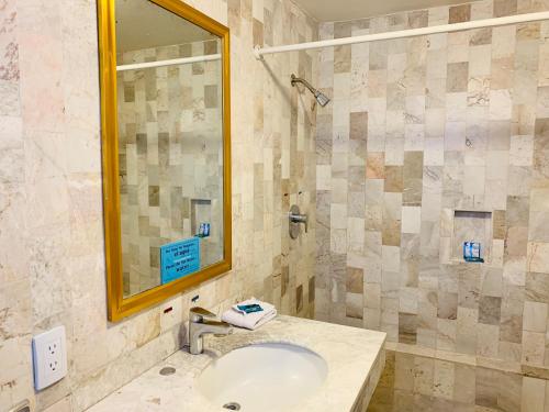 a bathroom with a sink and a mirror and a shower at Hotel Beddo Express Querétaro in Querétaro
