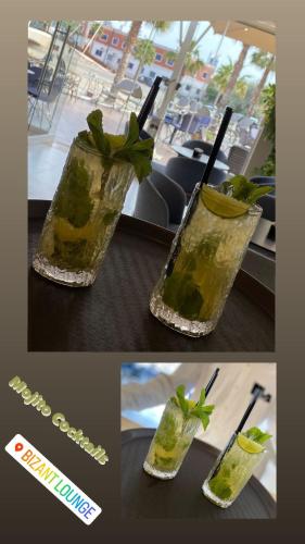 a collage of two pictures of a drink at Bizant Boutique Hotel & Coffee,Bar in Durrës