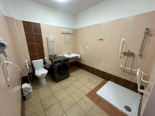 La salle de bains est pourvue de toilettes et d'un lavabo. dans l'établissement Pokoje Astra, à Spytkowice