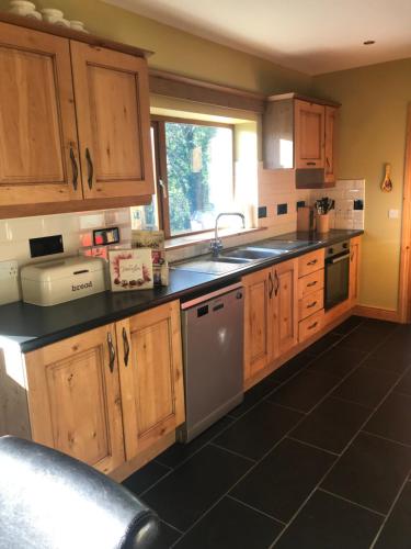 a kitchen with wooden cabinets and a sink at Lissyclearig Lodge in Kenmare