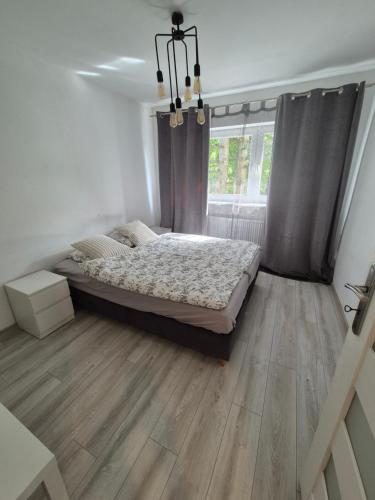 a bedroom with a bed and a wooden floor at Apartament Brzechwy in Poznań