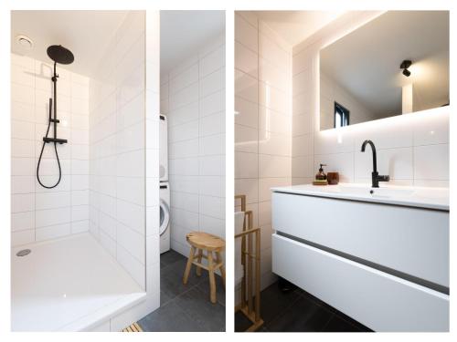 een badkamer met een douche, een wastafel en een toilet bij Amaryllis in Soesterberg