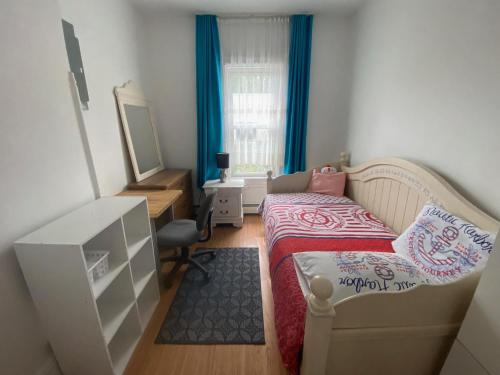 a small bedroom with a bed and a mirror at Classical American House 4 in Brooklyn