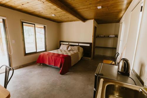 a bedroom with a bed with a red blanket at Viñedos de la Luna in Fiambala