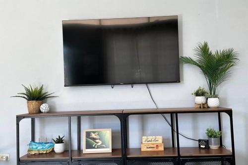a flat screen tv on a wall with plants at Casa El Coqui in Luyando