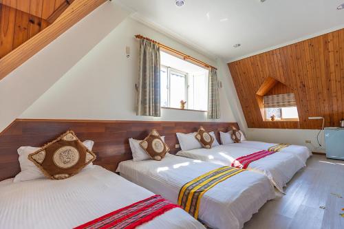 平和村的住宿－逸心園民宿，木墙客房的两张床