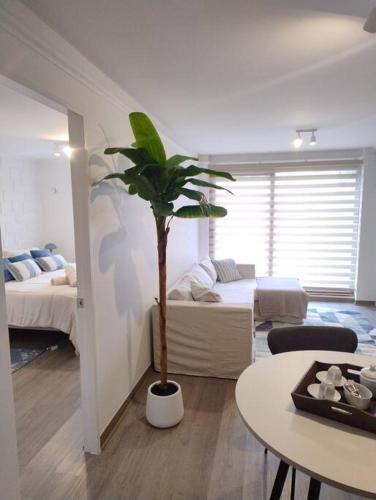 een woonkamer met een palmboom in het midden van een kamer bij Nuevo y Maravilloso Dpto. 44m2 in Los Ángeles
