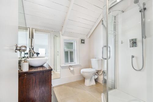 uma casa de banho com um WC, um lavatório e um chuveiro em Beautiful Ponsonby Villa em Auckland