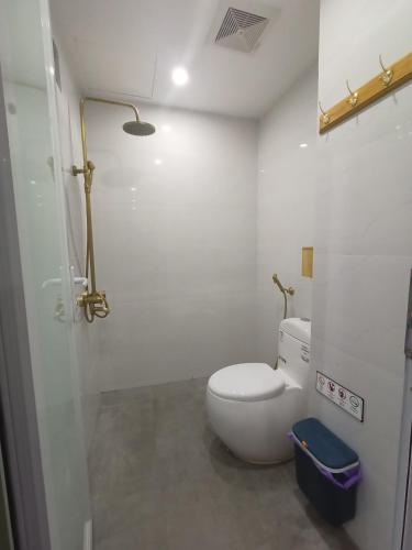ein weißes Bad mit einem WC und einer Dusche in der Unterkunft Harbor Homestays in Hanoi
