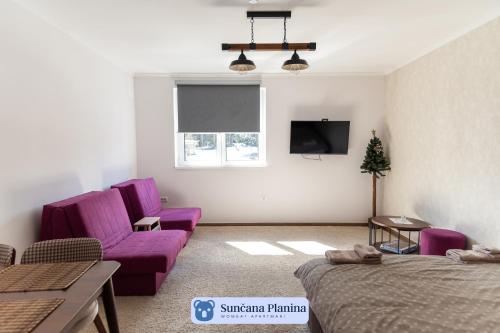 een woonkamer met paarse meubels en een televisie bij Sunčana Planina - Apartmani Wombat in Kopaonik