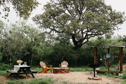 einen Picknickbereich mit einem Tisch, Stühlen und einem Grill in der Unterkunft Creed's Cottage at Four Oaks in New Braunfels