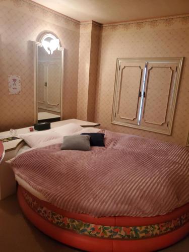 1 dormitorio con 1 cama grande y espejo grande en openHeart城『キャッスル』, en Ōami
