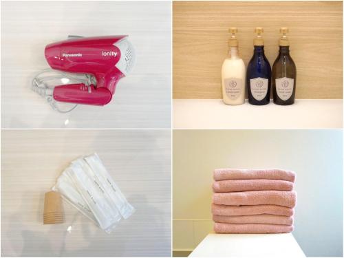 four different pictures of towels and bottles of wine at YOUR ROOM Kumamoto Sta little 203 Vacation STAY 75726 in Kumamoto