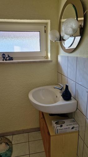 uma casa de banho com um lavatório, um espelho e uma janela em Ferienhaus Kleinmoellerchen em Neu Poserin