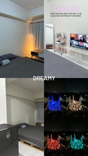 um quarto com uma televisão e um quarto com uma cama em Tuku room 