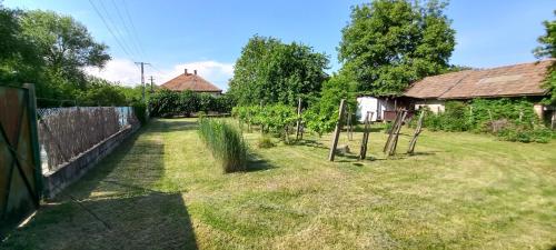 a yard with a fence and a garden with trees at Bukkaranyos in Sály