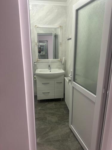 La salle de bains est pourvue d'un lavabo et d'un miroir. dans l'établissement Pensiunea Cascada Putnei, à Lepşa